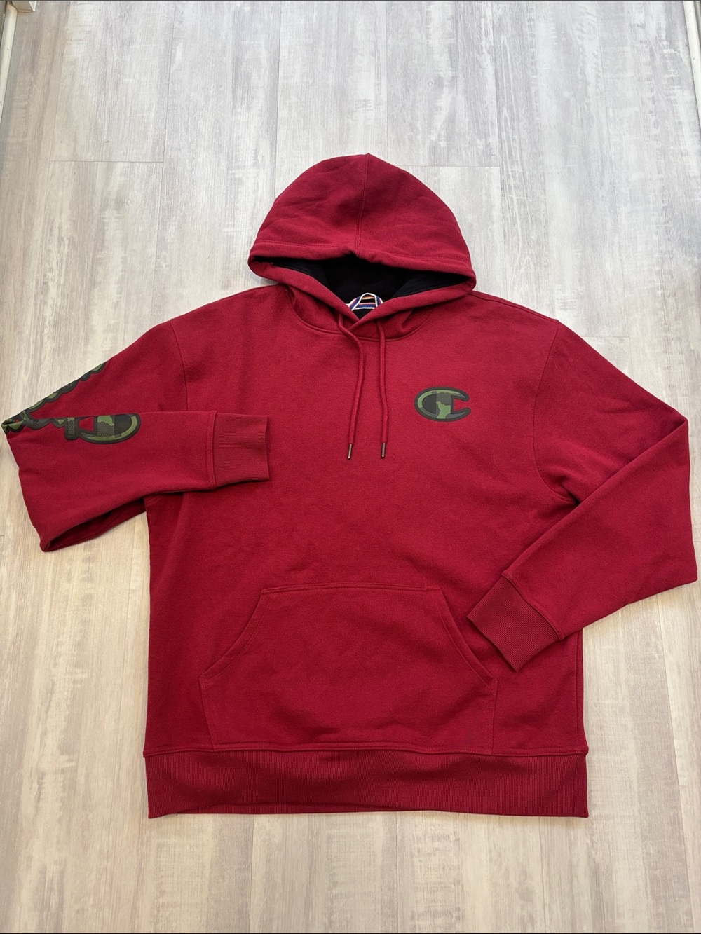 Champion Maroon Pullover Hoodie with Camo Logo Accents Large